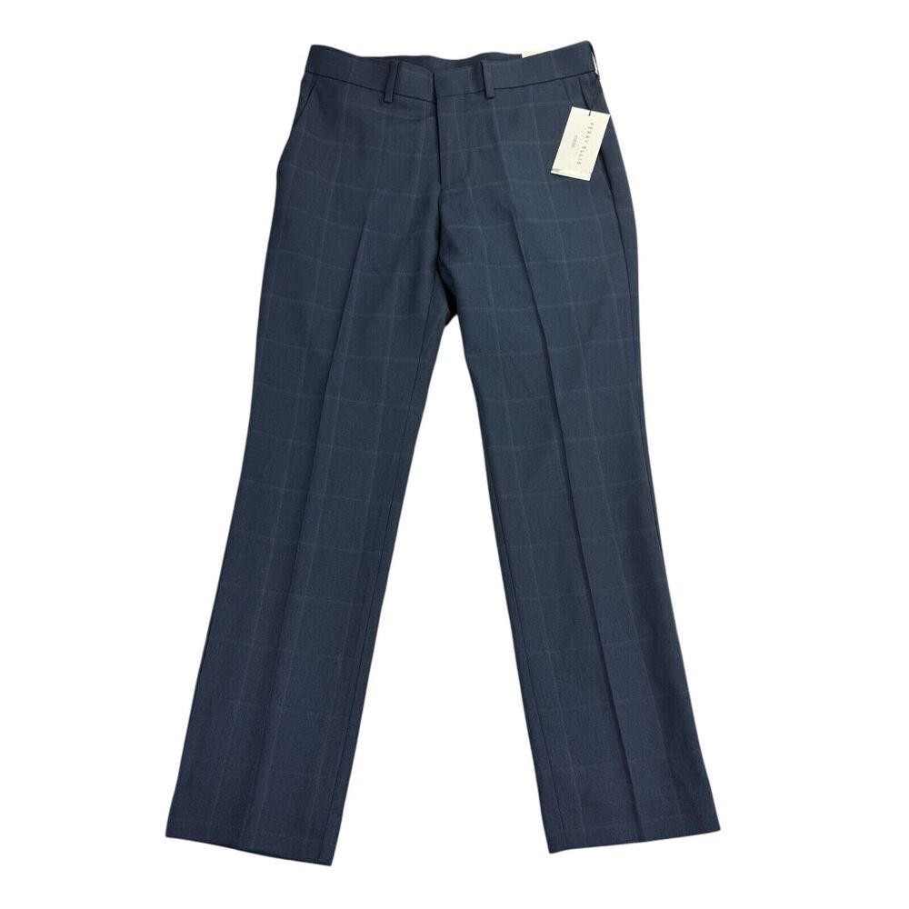 Perry Ellis Mens Essentials Slim Fit Twill Plaid Dress Pants Navy Blue 29x30